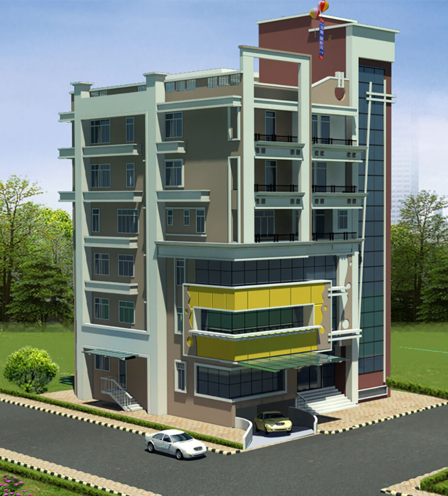 A contemporary apartment complex bathed in soft morning light, with neatly landscaped surroundings and a clear blue sky above.