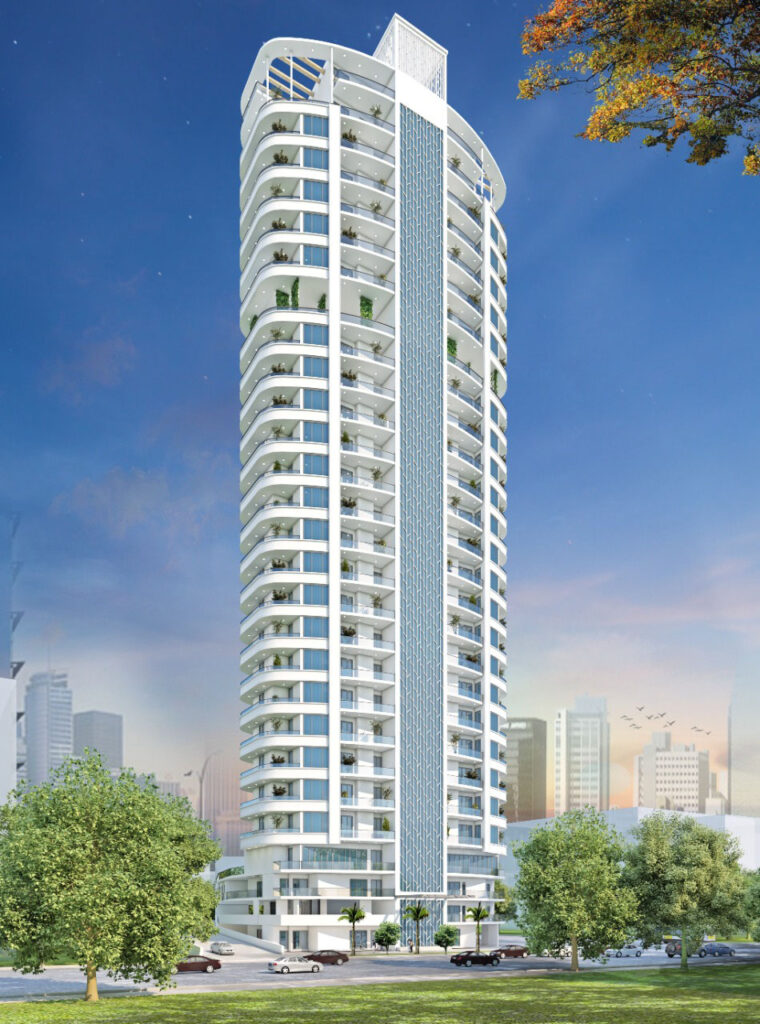 Morning view of a stylish apartment building, showcasing its sleek design and spacious balconies under a bright sky.