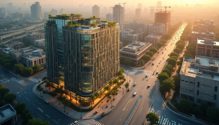 Aerial view of a modern commercial building, commercial leasing in Patna at sunset in a developing urban area with busy roads and greenery.